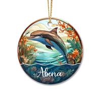 Sapin Noël Ornement Suspendre Décoration Arbre Pendentif Céramique Hanging Sapin De Noel Dauphin Personnalisé 2023, Dauphin pour 2023, Style De Vitrail D’Animal Marin Mignon, Cadeau De Dauphin De