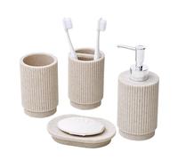Sapisecret Ensemble Salle de Bain 4 Pièces - Distributeur de Savon + Gobelet à Dent - Design Rayures (Beige), Résine Premium - INCL. Porte-Brosse & Porte-Savon