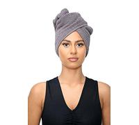 Sapphire Collection Serviettes de séchage pour cheveux, 100 % pur coton éponge doux, serviette turban absorbante pour cheveux, serviette de spa avec boucle et bouton pour cheveux longs (gris)