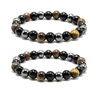 SARAHLOUISEJENKINSLTD Lot de 2 bracelets triple protection - Oeil de tigre, hématite et obsidienne - Apporte chance et prospérité - Unisexe - 16-18 cm