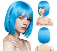 Sarannala Perruque carrée avec frange plate avec bonnet de perruque de 30,5 cm bleu layette, perruque de cheveux courts en fibre synthétique, taille réglable pour femme, Halloween, fête costumée