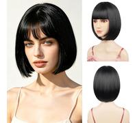 Sarannala Perruque carrée avec frange plate avec bonnet de perruque de 30,5 cm, perruque de cheveux courts noirs en fibre synthétique, taille réglable pour femme, Halloween, fête costumée, perruques