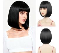 Sarannala Perruque carrée avec frange plate avec bonnet de perruque de 30,5 cm, perruque de cheveux courts noirs en fibre synthétique, taille réglable pour femme, Halloween, fête costumée, perruques