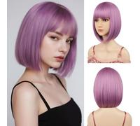 Sarannala Perruque carrée avec frange plate - Avec bonnet de perruque de 30,5 cm - Rose lavande - Cheveux en fibre synthétique résistante à la chaleur - Pour femme - Halloween - Fête costumée (rose
