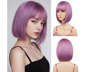 Sarannala Perruque carrée avec frange plate - Avec bonnet de perruque de 30,5 cm - Rose lavande - Cheveux en fibre synthétique résistante à la chaleur - Pour femme - Halloween - Fête costumée (rose