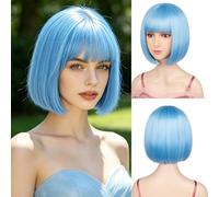 Sarannala Perruque carrée avec frange plate de 30,5 cm - Bleu brumeux - Avec bonnet de perruque en fibre synthétique - Pour femme - Halloween - Fête costumée (Bleu brumeux)