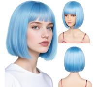 Sarannala Perruque carrée avec frange plate de 30,5 cm - Bleu brumeux - Avec bonnet de perruque en fibre synthétique - Pour femme - Halloween - Fête costumée (Bleu brumeux)