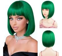 Sarannala Perruque carrée verte avec frange plate avec bonnet de perruque de 30,5 cm en fibre synthétique résistante à la chaleur pour toutes les femmes, Halloween, fête costumée, perruque colorée