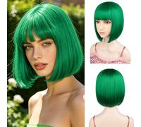 Sarannala Perruque carrée verte avec frange plate avec bonnet de perruque de 30,5 cm en fibre synthétique résistante à la chaleur pour toutes les femmes, Halloween, fête costumée, perruque colorée
