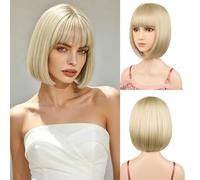 Sarannala Perruques blondes avec frange plate avec bonnet de perruque de 30,5 cm en fibre synthétique résistante à la chaleur pour toutes les femmes et adultes, costume d'Halloween (blond)