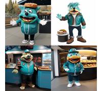 Sarcelle Pulled Pork Sandwich Personnage De Costume De Mascotte Redbrokoly Habillé Avec Une Veste En Cuir Et Des Pinces À Chaussures Multicolore