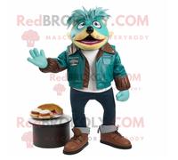 Sarcelle Pulled Pork Sandwich Personnage De Costume De Mascotte Redbrokoly Habillé Avec Une Veste En Cuir Et Des Pinces À Chaussures Multicolore