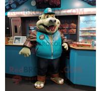 Sarcelle Pulled Pork Sandwich Personnage De Costume De Mascotte Redbrokoly Habillé Avec Une Veste En Cuir Et Des Pinces À Chaussures Multicolore