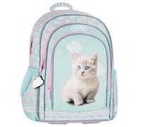 sarcia.eu Bleu, RENFORCÉ Sac à dos scolaire TROIS COMPARTIMENTS pour filles, avec réflecteurs, chaton mignon 40x29x20cm, 23 l (Chaton bleu)