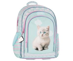 sarcia.eu Bleu, RENFORCÉ Sac à dos scolaire TROIS COMPARTIMENTS pour filles, avec réflecteurs, chaton mignon 40x29x20cm, 23 l (Chaton bleu)