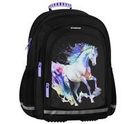 sarcia.eu Noir, RENFORCÉ sac à dos scolaire à TROIS COMPARTIMENTS pour filles, avec réflecteurs, cheval 40x29x20cm, 23 l (Cheval noir)