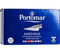 Sardines à l'huile d'olive avec peau et avec arêtes 16 à 20 poissons, 125 g