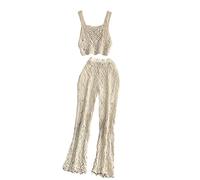 SARGE Crochet Creux Minceur et Jambe Large tricoté Taille élastique décontracté Pantalons Longs Costume Deux pièces Court Camisole Femme vêtements 2022