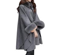 SARGE Femmes Cape Manteau Couleur Unie col en Fausse Fourrure Automne Hiver Chaud Ample mi-Long Poncho Manteau