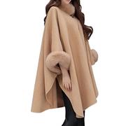 SARGE Femmes Cape Manteau Couleur Unie col en Fausse Fourrure Automne Hiver Chaud Ample mi-Long Poncho Manteau