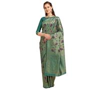 Sari Banarasi en coton de soie Motif floral Rose et bleu 15032174-CVO, Orange, Taille unique
