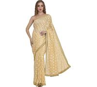 Sari Indien Exotique de Punjab avec Broderie Phulkari en soi et Bordure dorée - Beige - Taille Unique