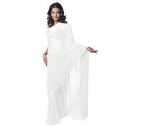 Sari pour femme en mousseline de Bollywood, uni, pour festivals et fêtes, en tissu non cousu, blouse à porter pour les fêtes, Blanc, Taille unique