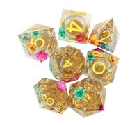 Sarini 7 PCS Dés à Noyau Liquide Résine Sharp Edge Dés Polyédriques DND Ensemble de Dés pour Donjons et Dragons RPG MTG Jeux de Table (Fleur Dorée)