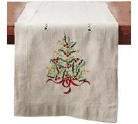 SARO LIFESTYLE 60041.N16108B Holly Collection Christmas Tree Embroidered Table Runner, naturel, 16" x 90"
