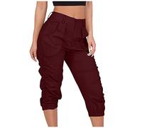 Sarouel court pour femme avec poches, coupe ample, pantalon d'été mi-mollet léger pour style sportif urbain, danse studio et streetwear, Rouge, XL