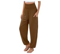 Sarouel De Yoga en Coton pour Femme Taille Haute Style Hippie Décontracté Jambe Droite Larges Palazzo Confortable Bohème pour La Plage avec Poches, Pantalon Fluide Femme Ete Elastique Elegant