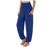 Sarouel de yoga en coton pour femme - Taille haute - Style hippie décontracté - Jambe droite - Palazzo - Confortable - Style bohème - Pour la plage, le génie indien - Avec poches, bleu, L