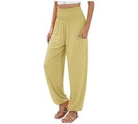 Sarouel de yoga en coton pour femme - Taille haute - Style hippie décontracté - Jambe droite - Palazzo - Confortable - Style bohème - Pour la plage, le génie indien - Avec poches, jaune, L