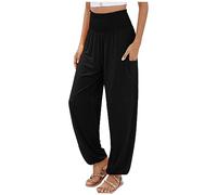Sarouel de yoga en coton pour femme - Taille haute - Style hippie décontracté - Jambe droite - Palazzo - Confortable - Style bohème - Pour la plage, le génie indien - Avec poches, Noir , XL