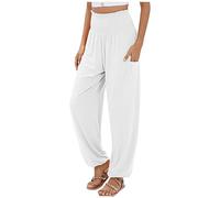 Sarouel de yoga en coton pour femme - Taille haute - Style hippie décontracté - Jambe droite - Palazzo - Confortable - Style bohème - Pour la plage, le génie indien - Avec poches, blanc, XXXL
