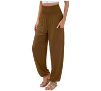 Sarouel de yoga en coton pour femme - Taille haute - Style hippie décontracté - Jambe droite - Palazzo - Confortable - Style bohème - Pour la plage, le génie indien - Avec poches, marron, L