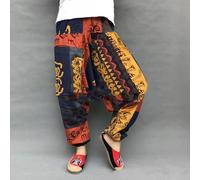 Sarouel d'été rétro décontracté pour homme, imprimé ethnique, grand entrejambe ample, style sarouel, pantalon ample en tissu de coton et lin, conçu pour vous garder au frais cet été (symbole Dongba