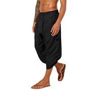 Sarouel pour homme, coupe ample, taille élastique, cordon de serrage avec poches, short 3/4, couleur unie, short d'été viking, pirate, décontracté, M-3XL, Noir , XL