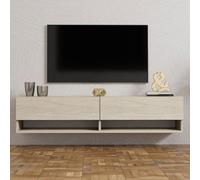 Meuble TV suspendu avec placards et étagères aspect travertin 140cm SARTY Beige