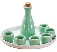 SaryEdge Service à saké, Service à saké en céramique 8 pièces, Service à saké Japonais, Service à saké pour Adultes, Coffret Cadeau, Service à vin Blanc, Service à Shochu et,Cyan-8PCS