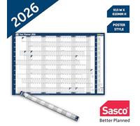 Sasco Agenda mural 2026 avec stylo effaçable à l'eau et lot d'autocollants, bleu, 915 x 610 mm (l x H)