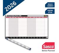 Sasco Planificateur mural annuel 2026 avec stylo effaçable à l'eau et lot d'autocollants, noir et rouge, style affiche, 750 mm x 410 mm (l x H)