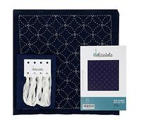 Sashiko Kit de broderie japonaise avec fil naturel spécial, aiguille longue, instructions de broderie (français non garanti), Motif 7 trésors pré-imprimé 30 x 30 cm sur Tissu Bleu indigo 68 x 34 cm