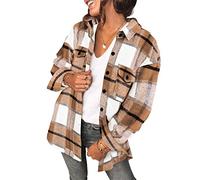 Saslax Chemise ample en velours côtelé à manches longues et col en V pour femme, D-plaid abricot, Taille M