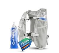 SASMO Gilet de course pour homme et femme, 5 l, ultra léger 270 g et respirant, sac à dos de course, 8 poches, gilet d'hydratation, pour la course, gris blanc, avec 2 x 500 ml, 5 l