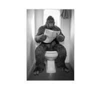 Sasquatch assis sur les toilettes lisant un journal, art mural amusant de salle de bain, animaux rétro, humour de toilette, mignon Bigfoot, Ai Art-1