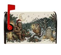 Sasquatch Housse de boîte aux lettres magnétique Motif forêt d'hiver 45,7 x | Scène de forêt fantaisie, couvercle de boîte aux lettres, Sasquatch portant un chapeau de Père Noël, illustration de hibou de
