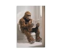 Sasquatch Poster sur toile de style vintage avec créatures mythiques assis sur une toilette en train de lire un journal - Décoration murale pour salon, chambre à coucher