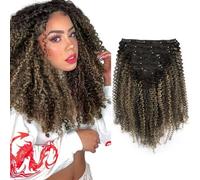Sassina Extensions de cheveux humains bouclés afro à clips pour femmes noires - Noir naturel à blond fraise - Extensions de cheveux humains Remy à clips - 30,5 cm - 7 pièces avec 17 clips - 120 g