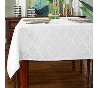 SASTYBALE Nappe Jacquard Motif Floral en Polyester, Anti-Taches et Infroissable, pour décoration de Cuisine et Salle à Manger (Blanc, Rectangulaire/Ovale, 150 x 305 cm, 10-12 Personnes)